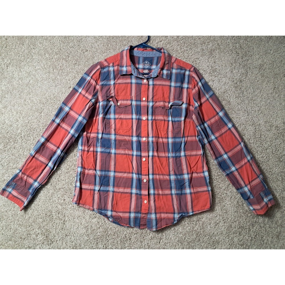 St. Johns Bay Shirt Womens L Red Blue Plaid Button Up Long Sleeve Ladies